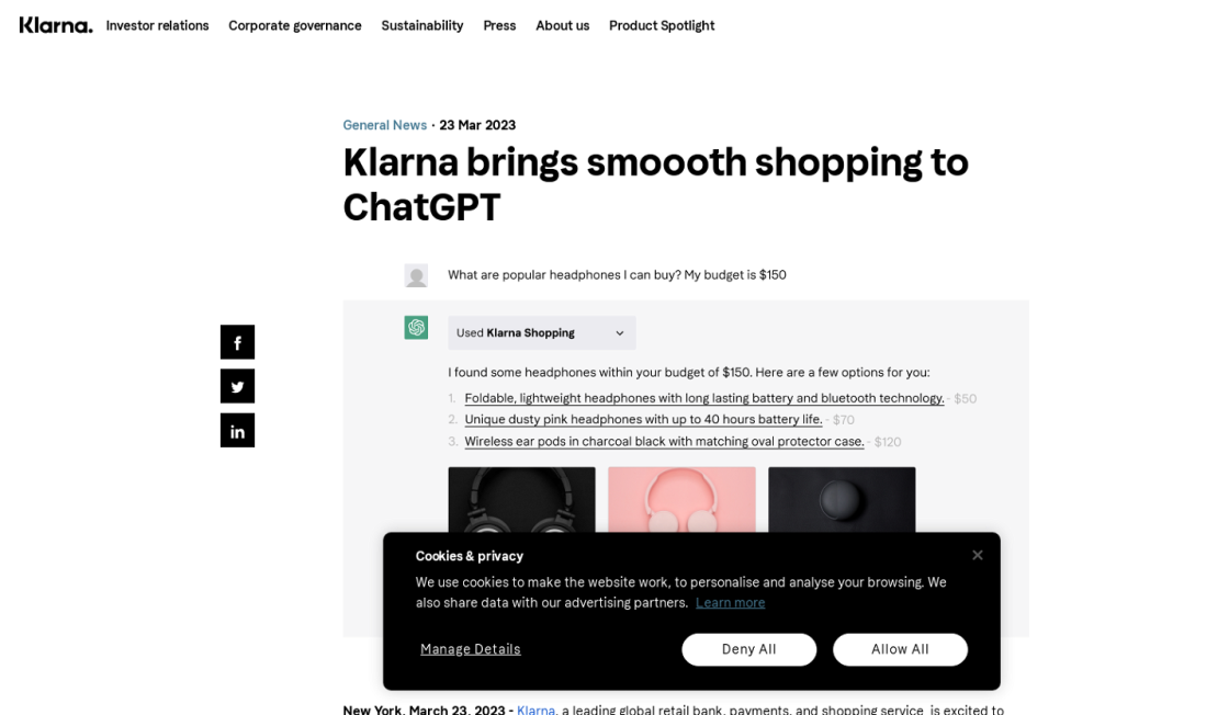 Klarna ChatGPT Plugin