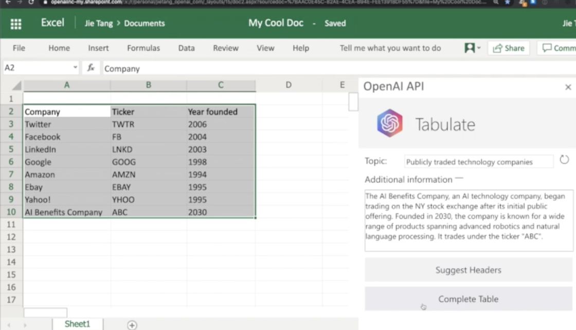 Excel (OpenAI Tabulate)