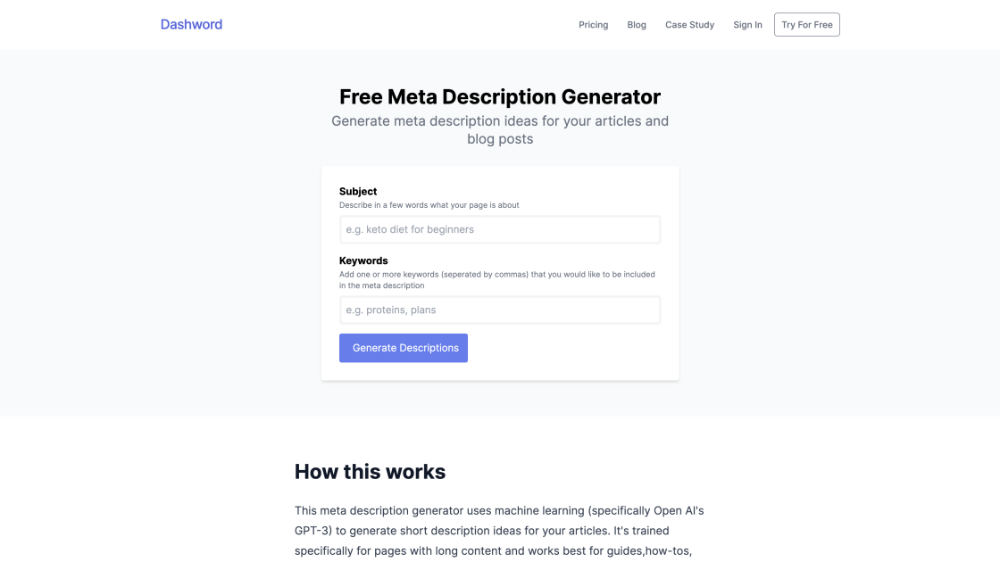 Meta Description Generator By Dashword